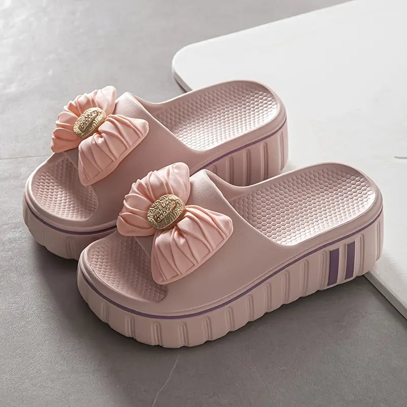Women'S Summer EVA Slide Sandals - Thick Cushioned High Heel, Non-Slip & Odor-Resistant, Beige with Floral Bow Design