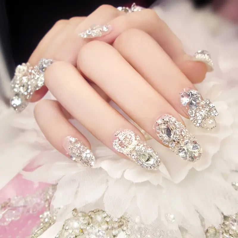 【24 Pcs】Silver Glitter Rhinestone Press-On Nails