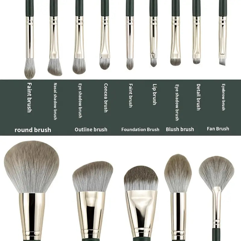 14pcs Professional Makeup Brush Set with Green ABS Handles and Nylon Brushes