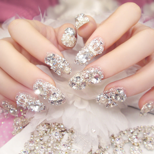 【24 Pcs】Silver Glitter Rhinestone Press-On Nails