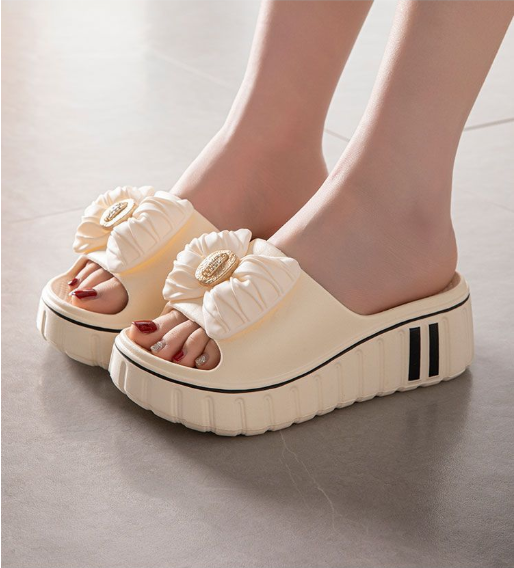 Women'S Summer EVA Slide Sandals - Thick Cushioned High Heel, Non-Slip & Odor-Resistant, Beige with Floral Bow Design