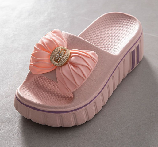 Women'S Summer EVA Slide Sandals - Thick Cushioned High Heel, Non-Slip & Odor-Resistant, Beige with Floral Bow Design