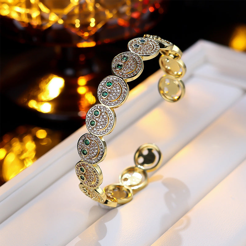 Luxury Round Smiley Face Zirconia Gold-Plated Bracelet | Minimalist Bangle