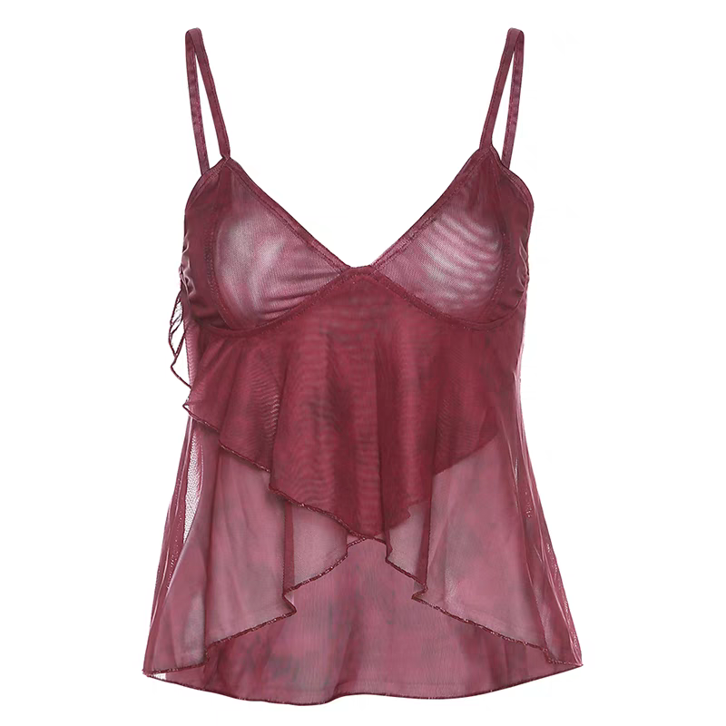 Sexy V - neck ruffled spaghetti - strap top