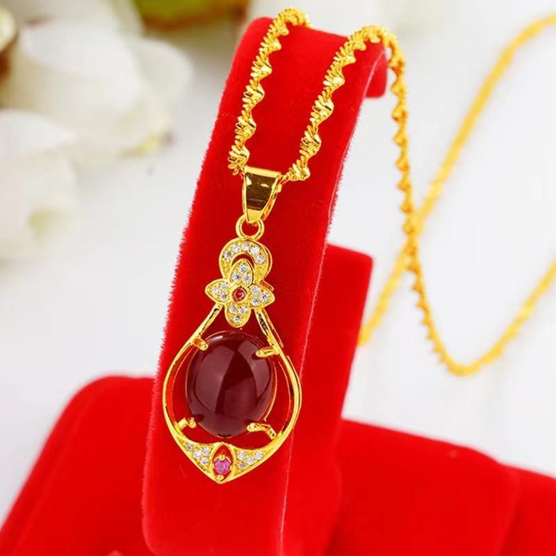 Water Drop Four-Leaf Clover Gemstone Pendant Necklace, Oriental Style Imitation Jade Design, New Model for 2025