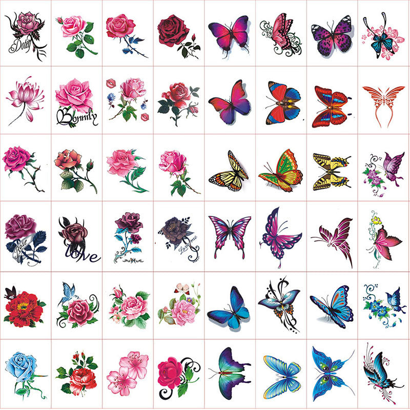 Rose & Flower & Butterfly Tattoo Sticker, Waterproof