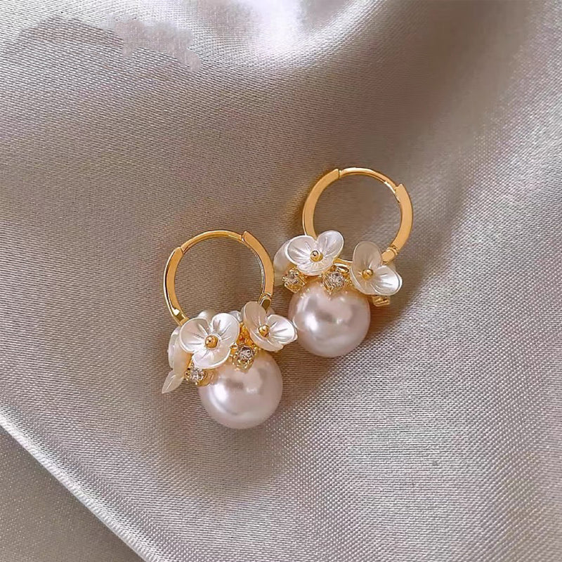 Plated Alloy Needle Freshwater Pearl Flower Earrings | French Chic Elegant Luxury