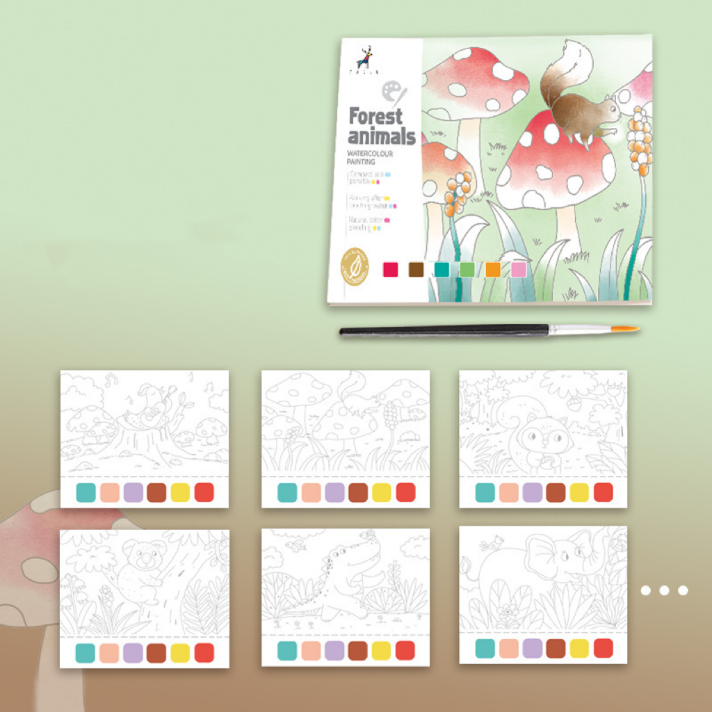 Children's cartoon creative watercolor coloring book, 20 pages, comes with paint and brushes