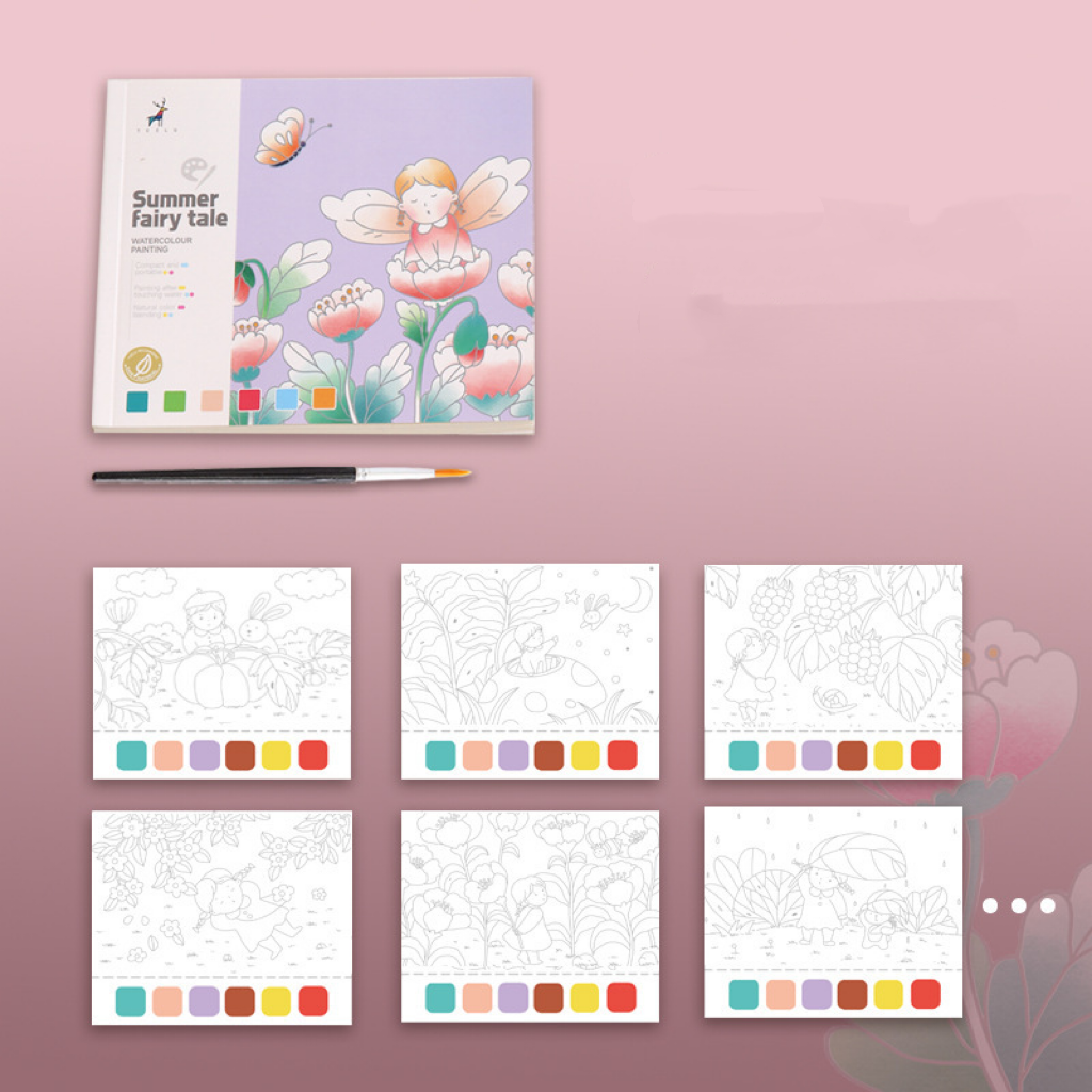 Children's cartoon creative watercolor coloring book, 20 pages, comes with paint and brushes