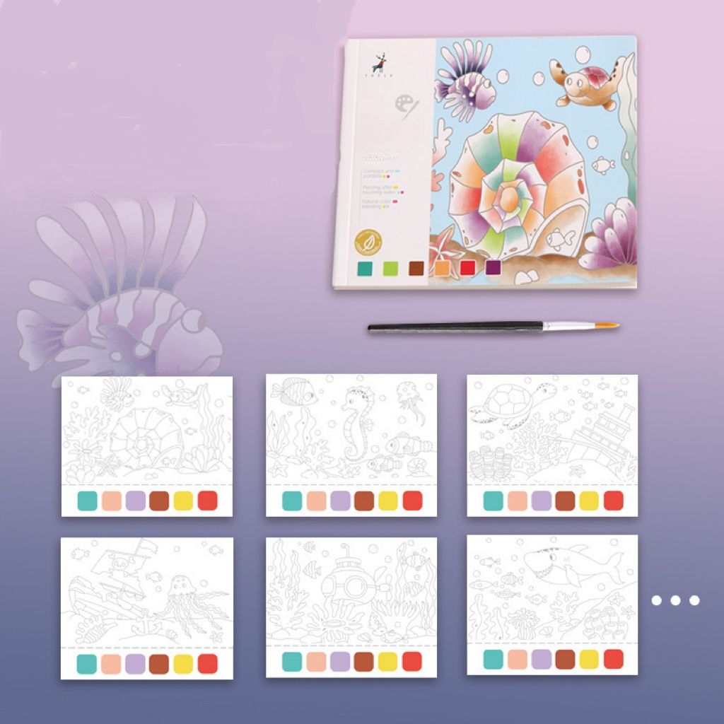 Children's cartoon creative watercolor coloring book, 20 pages, comes with paint and brushes