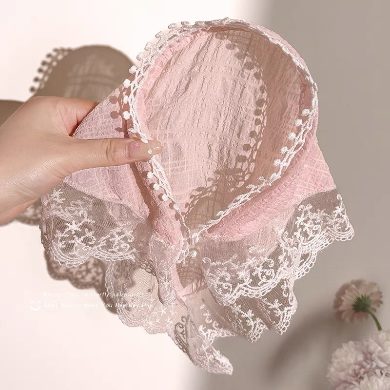 French Blue Plaid Lace Triangle Scarf Headband for Women