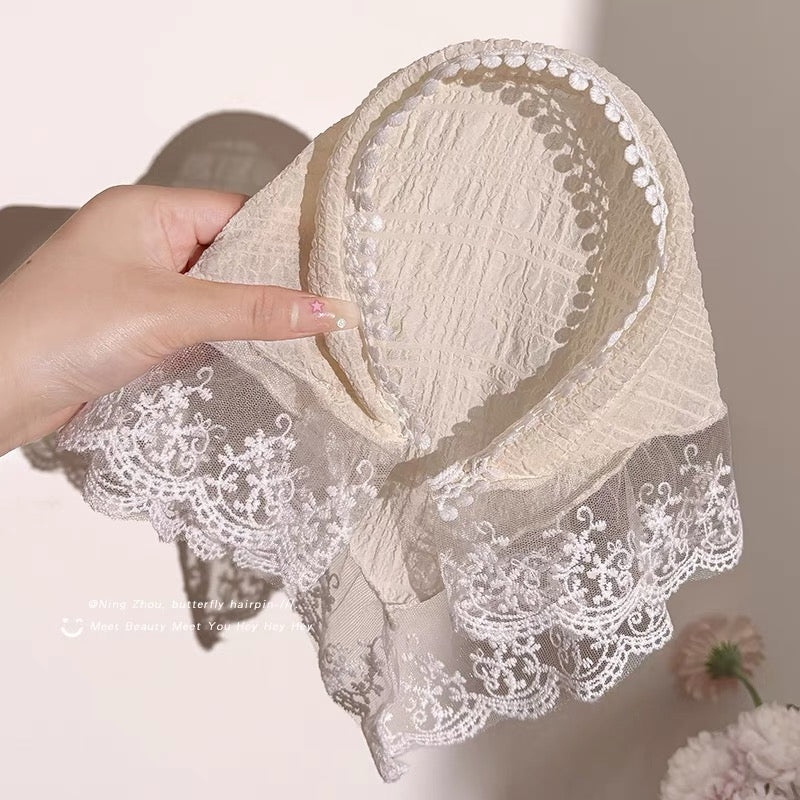 French Blue Plaid Lace Triangle Scarf Headband for Women