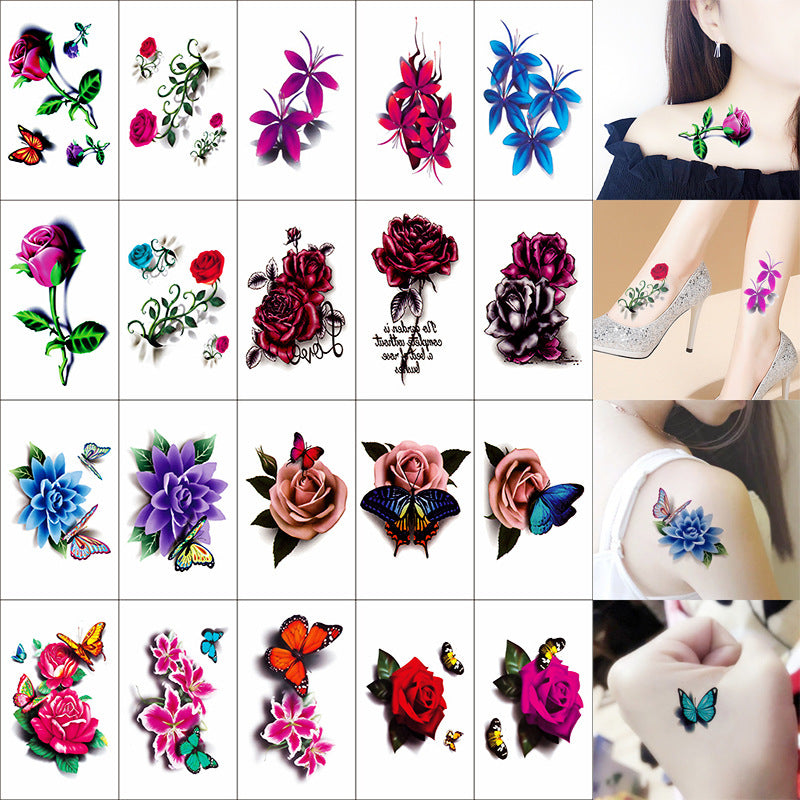 Rose & Flower & Butterfly Tattoo Sticker, Waterproof