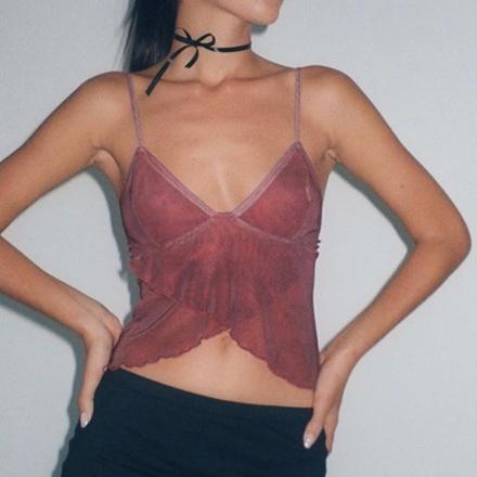 Sexy V - neck ruffled spaghetti - strap top