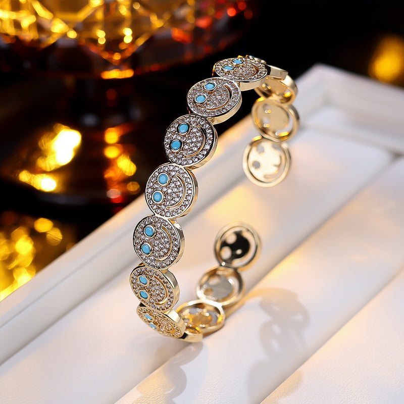 Luxury Round Smiley Face Zirconia Gold-Plated Bracelet | Minimalist Bangle