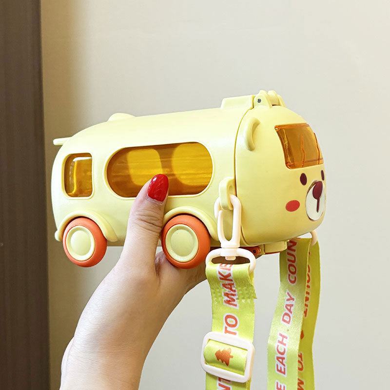 Baby Bus Car Water Cup Outdoor Portable Kids Flip Lid Straw Cup Leakproof Design Cute Cartoon Children’s Cup