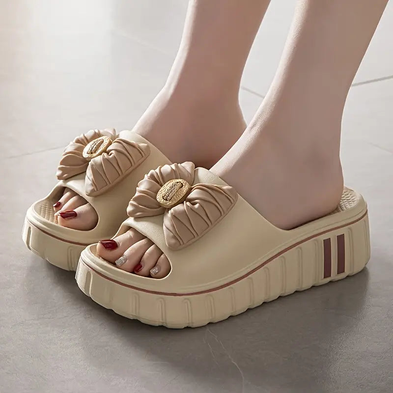 Women'S Summer EVA Slide Sandals - Thick Cushioned High Heel, Non-Slip & Odor-Resistant, Beige with Floral Bow Design