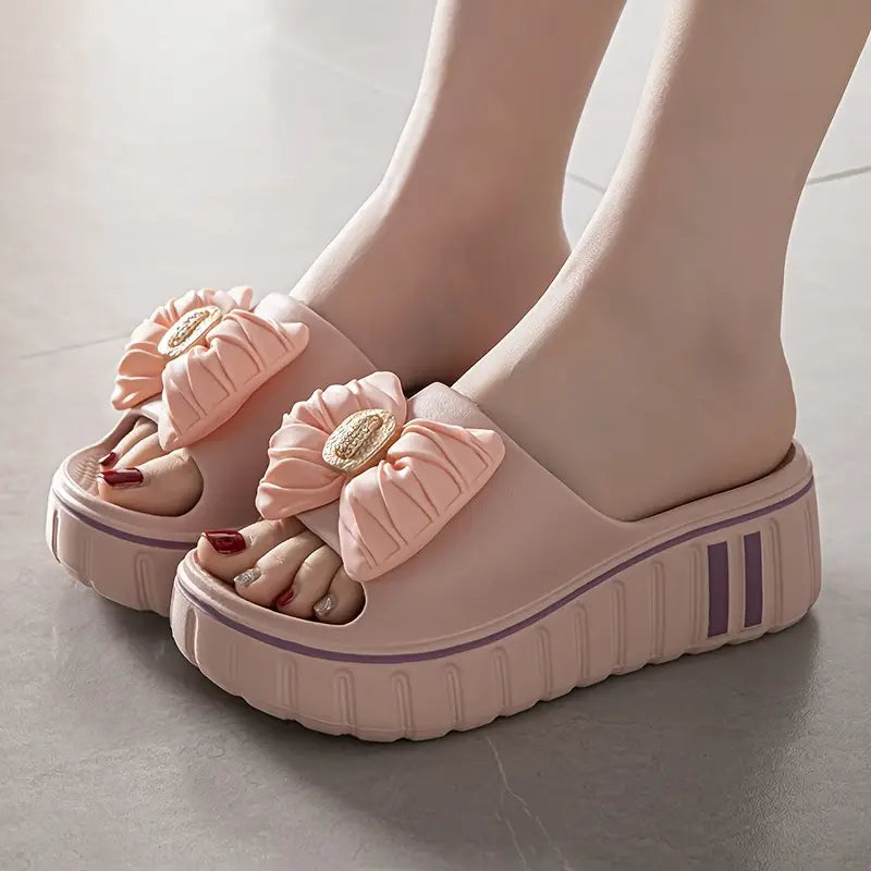 Women'S Summer EVA Slide Sandals - Thick Cushioned High Heel, Non-Slip & Odor-Resistant, Beige with Floral Bow Design