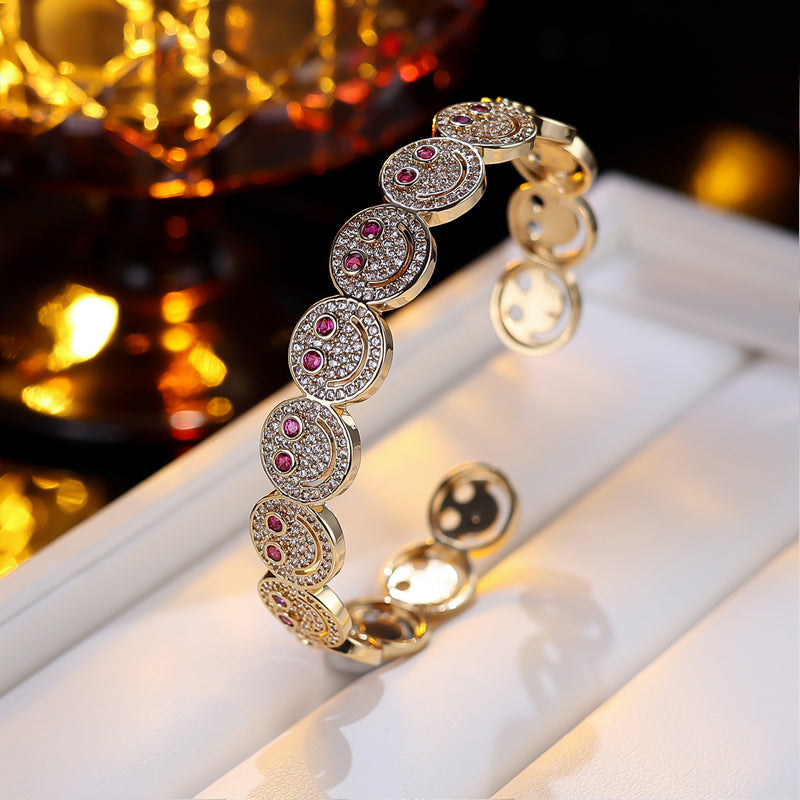 Luxury Round Smiley Face Zirconia Gold-Plated Bracelet | Minimalist Bangle