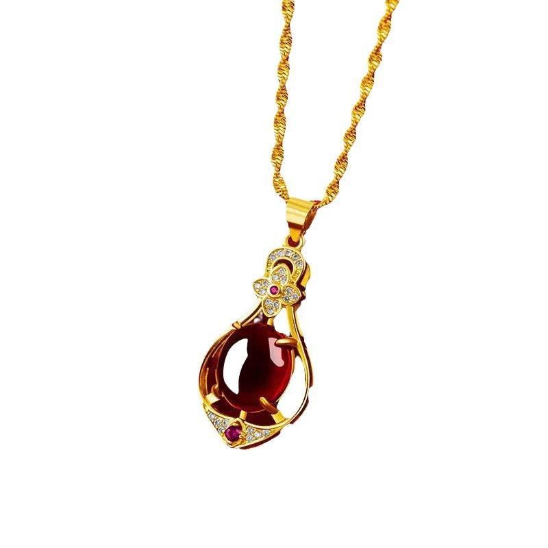 Water Drop Four-Leaf Clover Gemstone Pendant Necklace, Oriental Style Imitation Jade Design, New Model for 2025