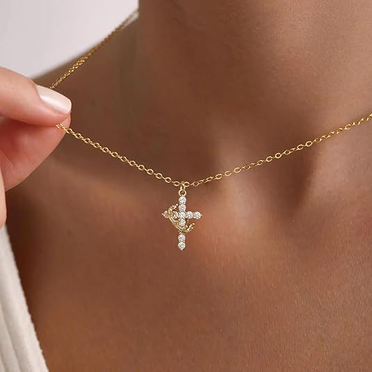Paved Cross Rotated Crown Necklace