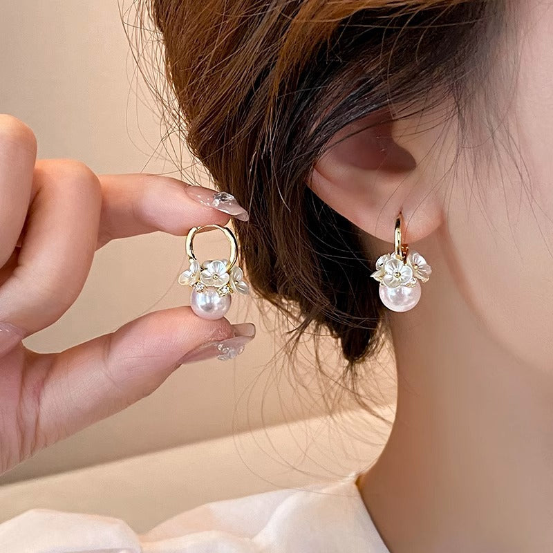 Plated Alloy Needle Freshwater Pearl Flower Earrings | French Chic Elegant Luxury