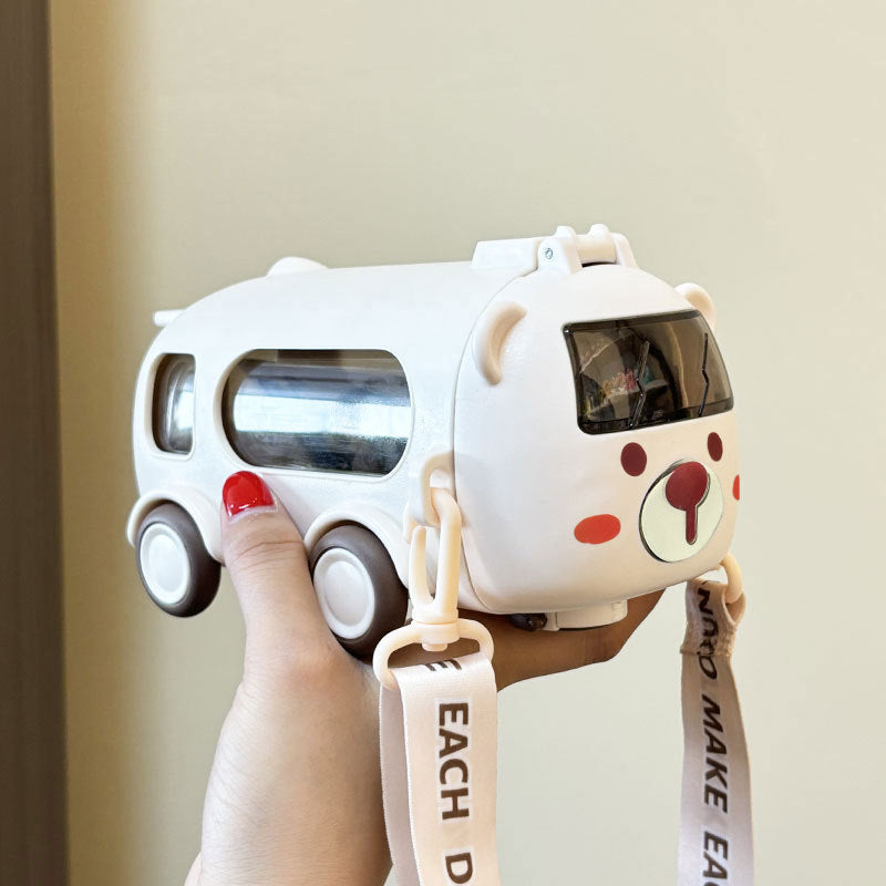 Baby Bus Car Water Cup Outdoor Portable Kids Flip Lid Straw Cup Leakproof Design Cute Cartoon Children’s Cup