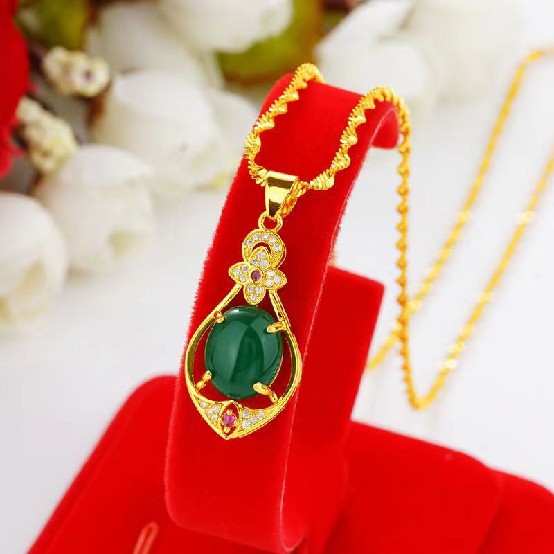 Water Drop Four-Leaf Clover Gemstone Pendant Necklace, Oriental Style Imitation Jade Design, New Model for 2025