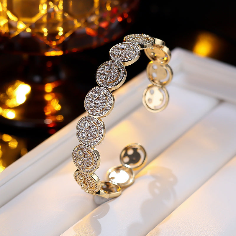 Luxury Round Smiley Face Zirconia Gold-Plated Bracelet | Minimalist Bangle