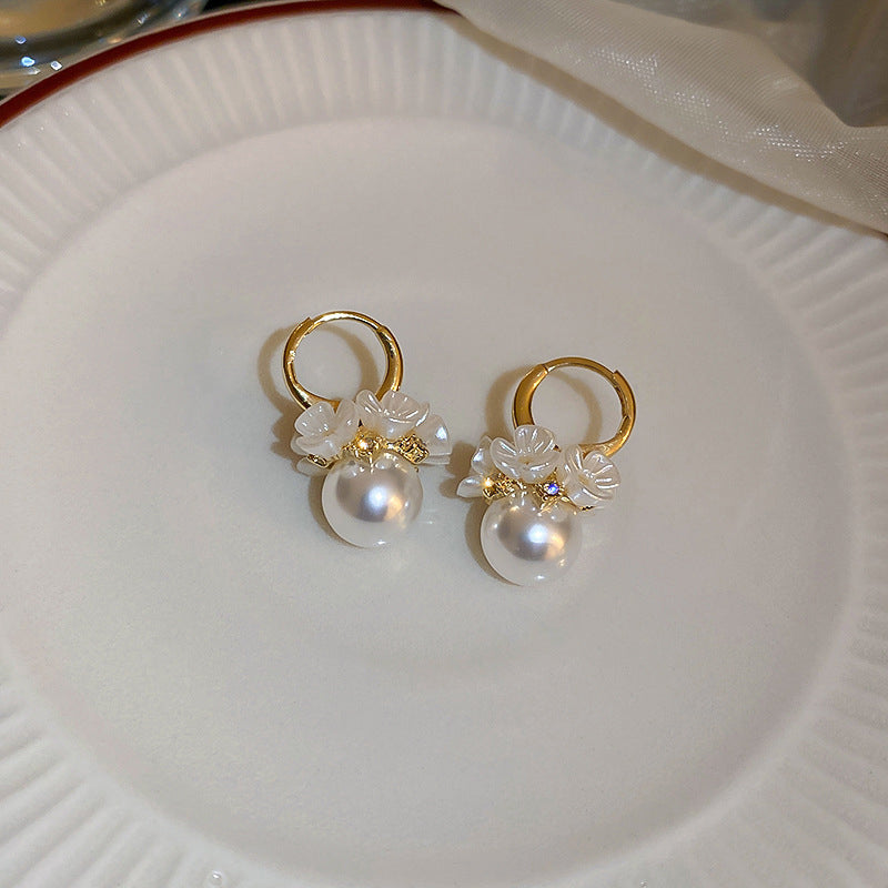 Plated Alloy Needle Freshwater Pearl Flower Earrings | French Chic Elegant Luxury