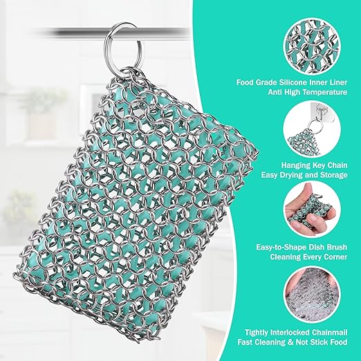 Cast Iron Scrubber – Chainmail Scrubber with Silicone Core for Skillet, Pan, Dutch Oven