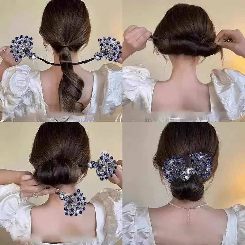 Crystal inspired peacock hair twist clip| lazy bun maker hairpin with rhinestones