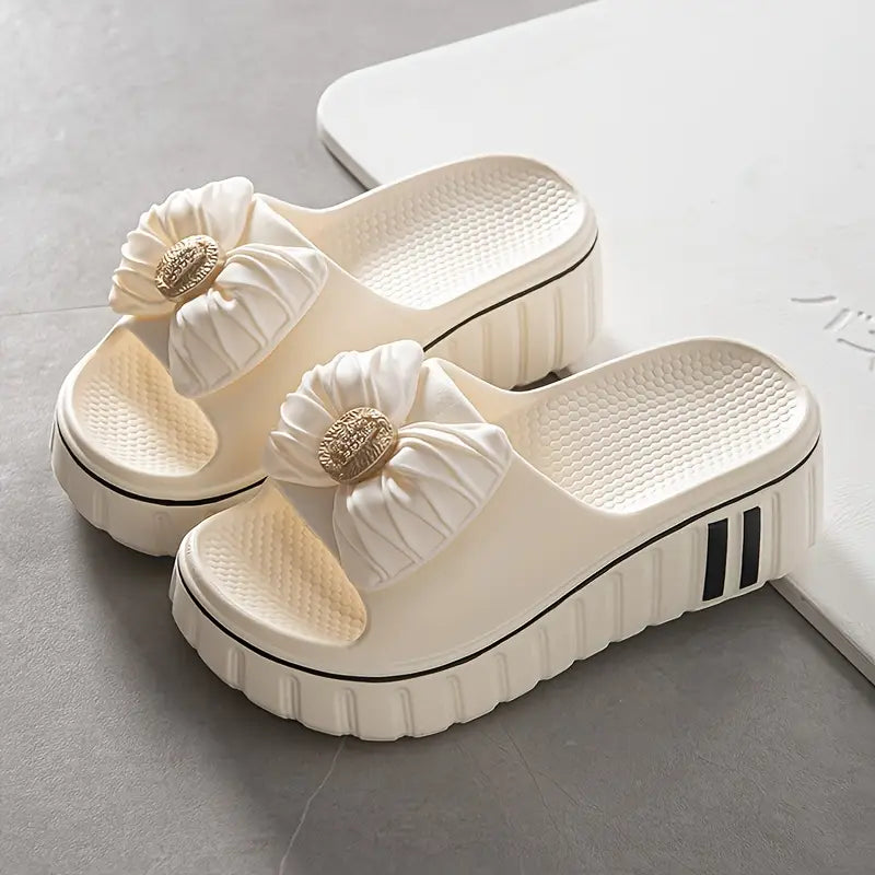 Women'S Summer EVA Slide Sandals - Thick Cushioned High Heel, Non-Slip & Odor-Resistant, Beige with Floral Bow Design