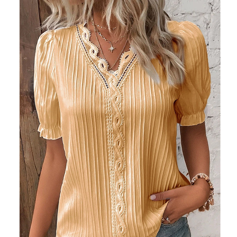 Summer Hollow Out Short Sleeve Shirt Women Fashion Holiday Blouse Top
