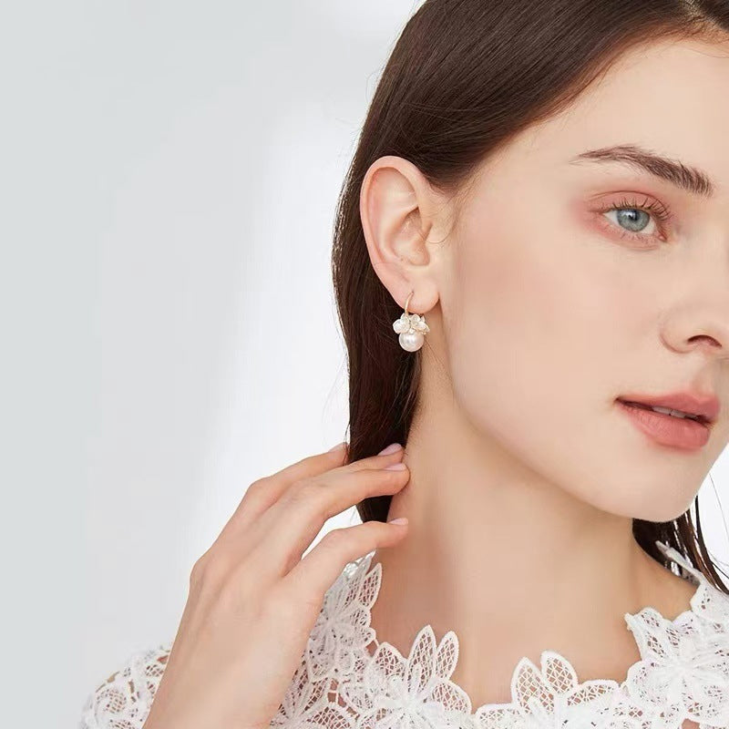 Plated Alloy Needle Freshwater Pearl Flower Earrings | French Chic Elegant Luxury