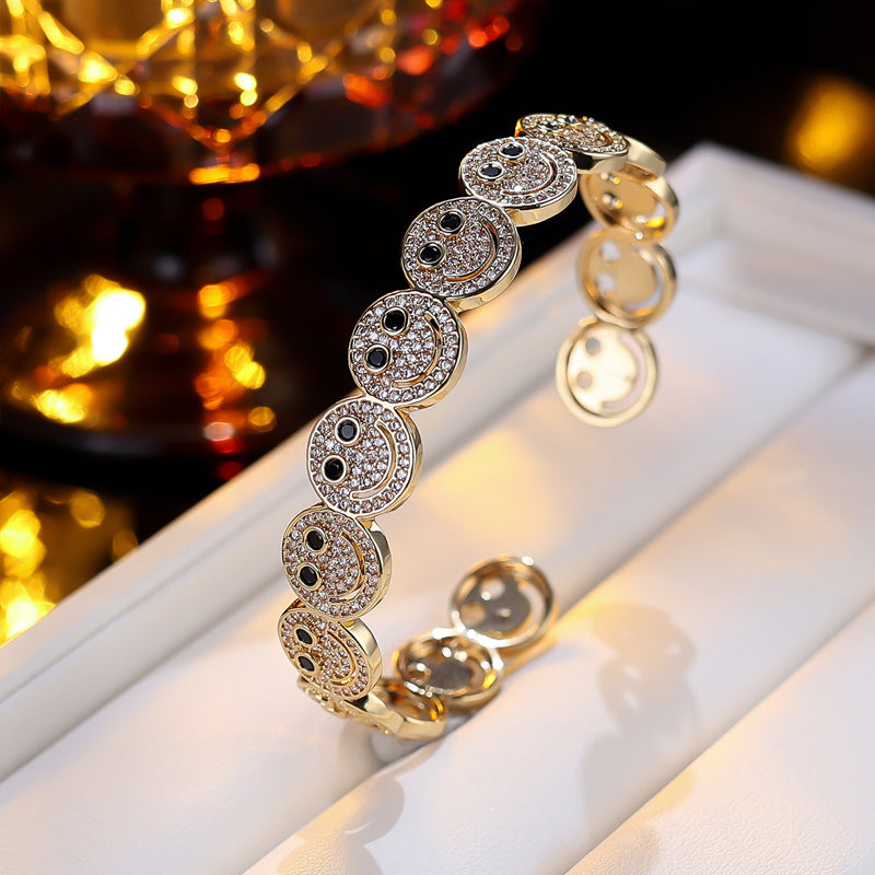 Luxury Round Smiley Face Zirconia Gold-Plated Bracelet | Minimalist Bangle