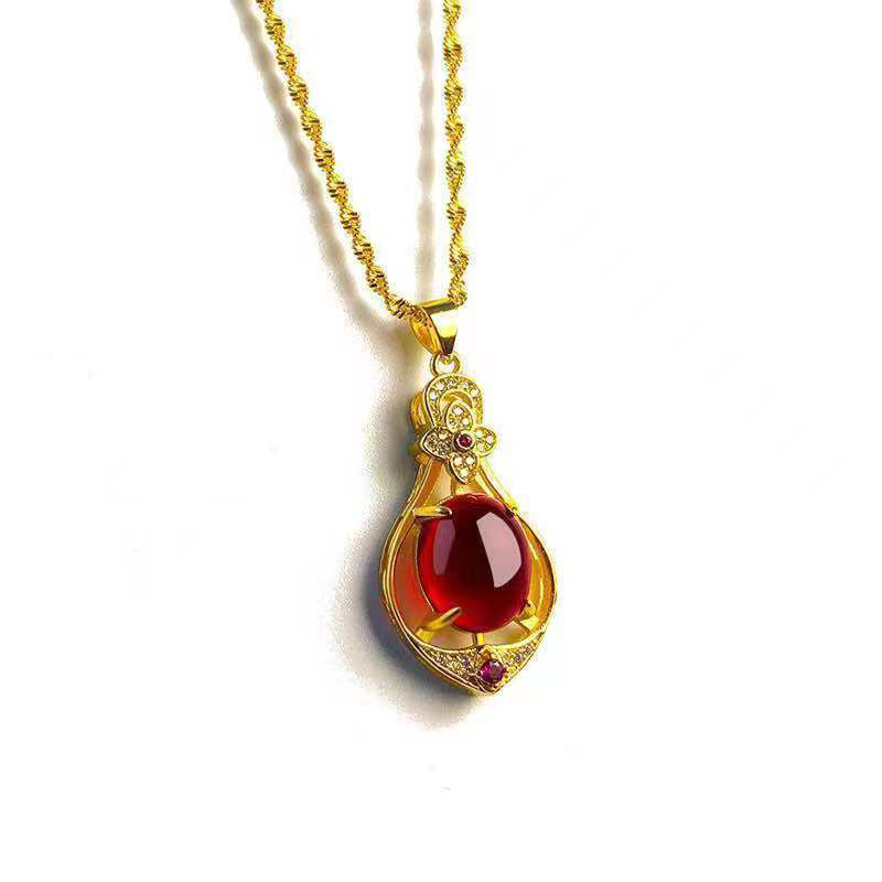 Water Drop Four-Leaf Clover Gemstone Pendant Necklace, Oriental Style Imitation Jade Design, New Model for 2025