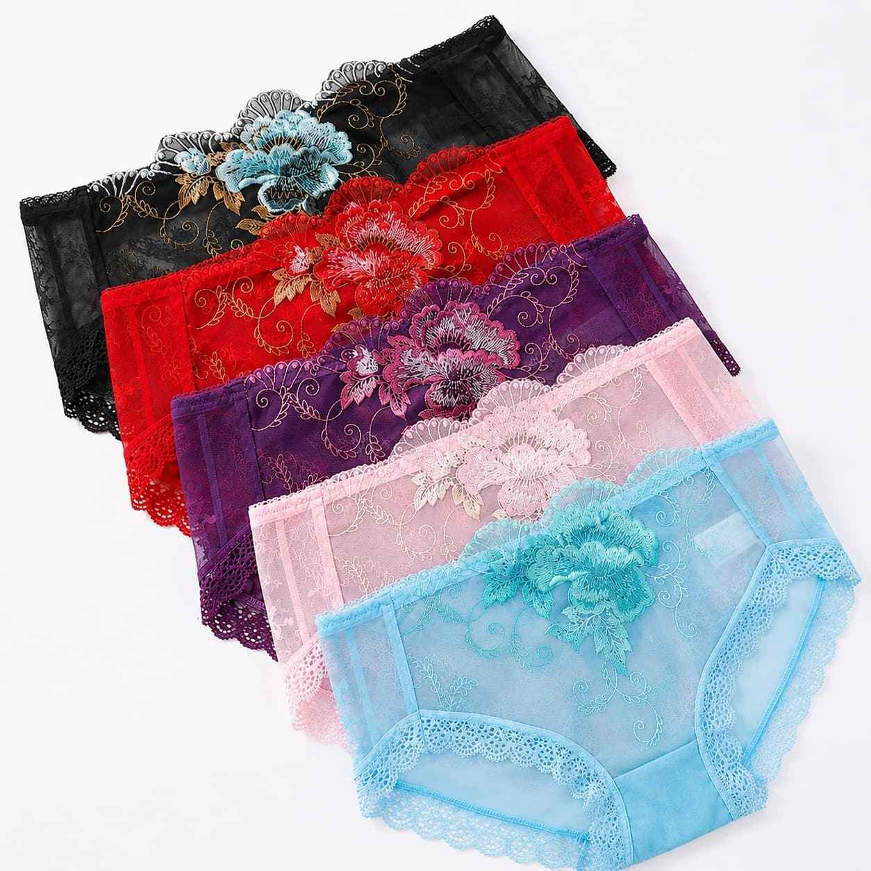 5PCS Women's Lace Mesh Panties|Breathable, Soft & Cotton Gusset