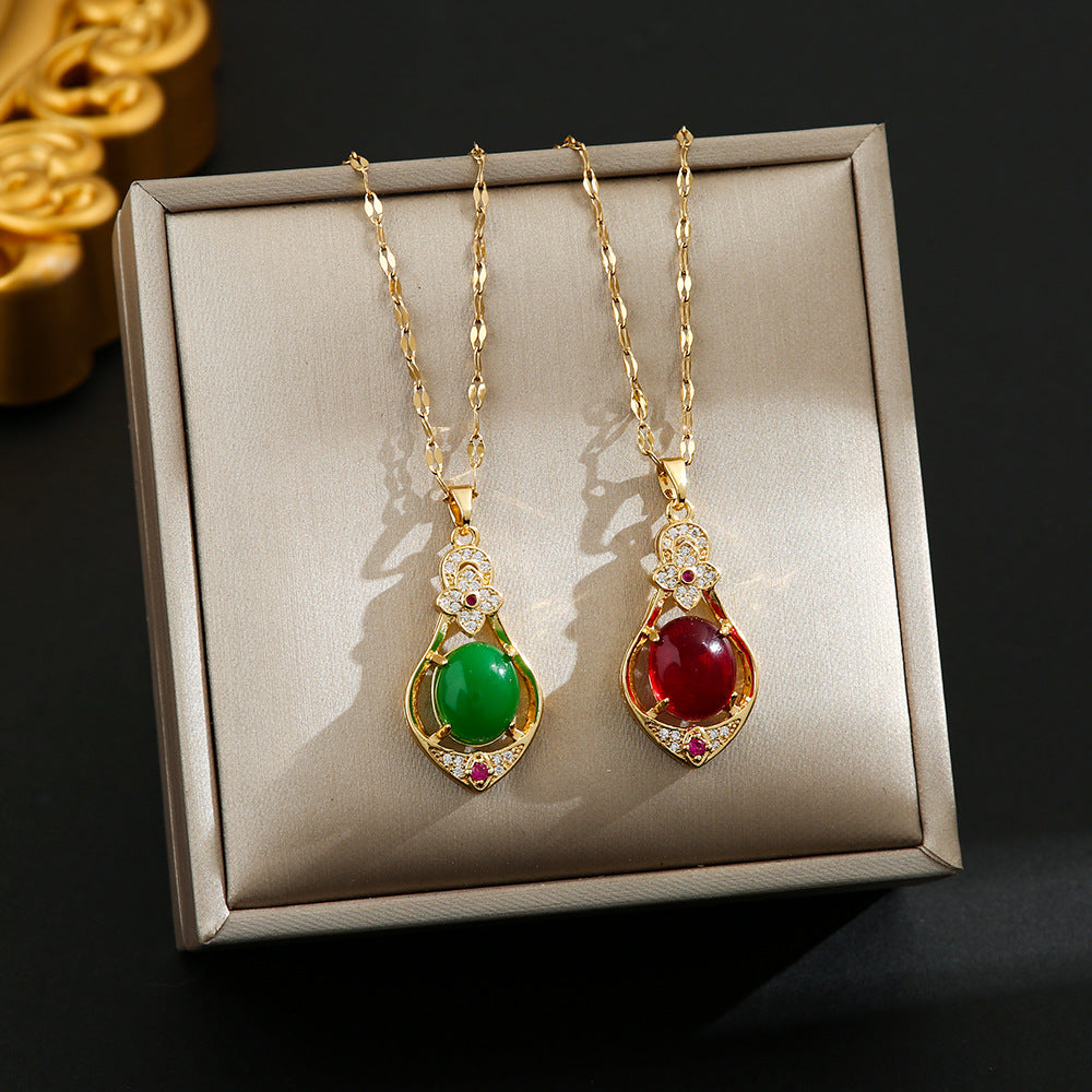Water Drop Four-Leaf Clover Gemstone Pendant Necklace, Oriental Style Imitation Jade Design, New Model for 2025