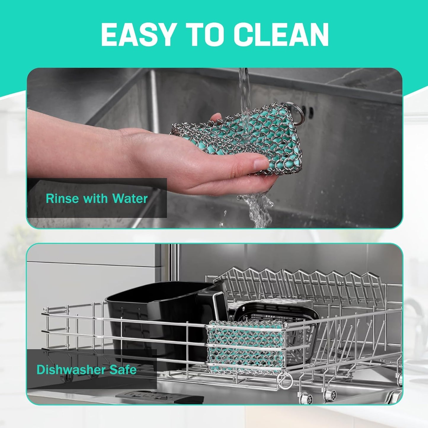 Cast Iron Scrubber – Chainmail Scrubber with Silicone Core for Skillet, Pan, Dutch Oven