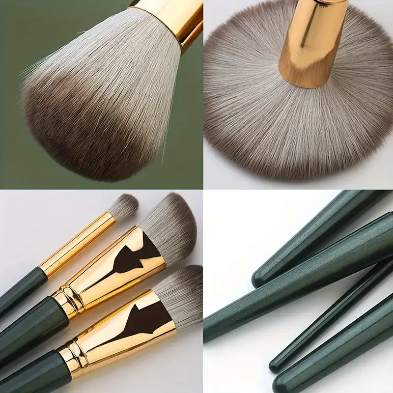 14pcs Professional Makeup Brush Set with Green ABS Handles and Nylon Brushes