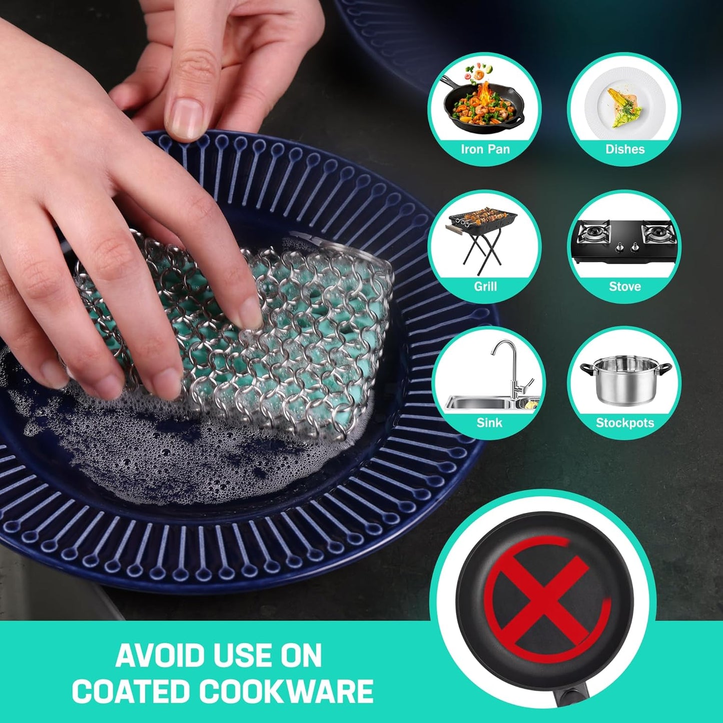 Cast Iron Scrubber – Chainmail Scrubber with Silicone Core for Skillet, Pan, Dutch Oven
