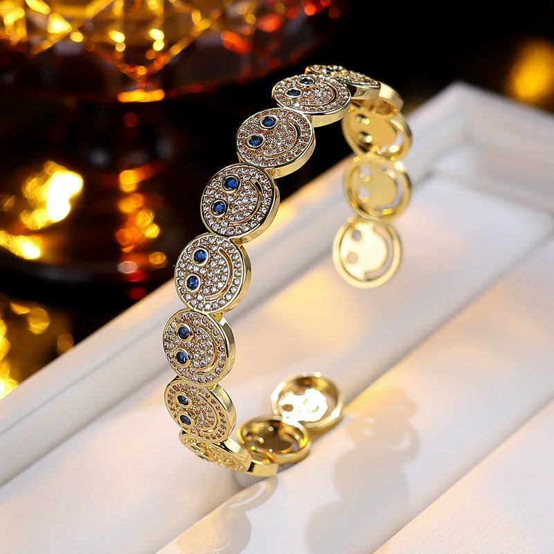 Luxury Round Smiley Face Zirconia Gold-Plated Bracelet | Minimalist Bangle