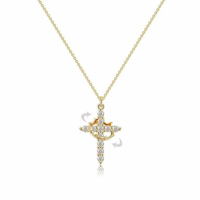 Paved Cross Rotated Crown Necklace