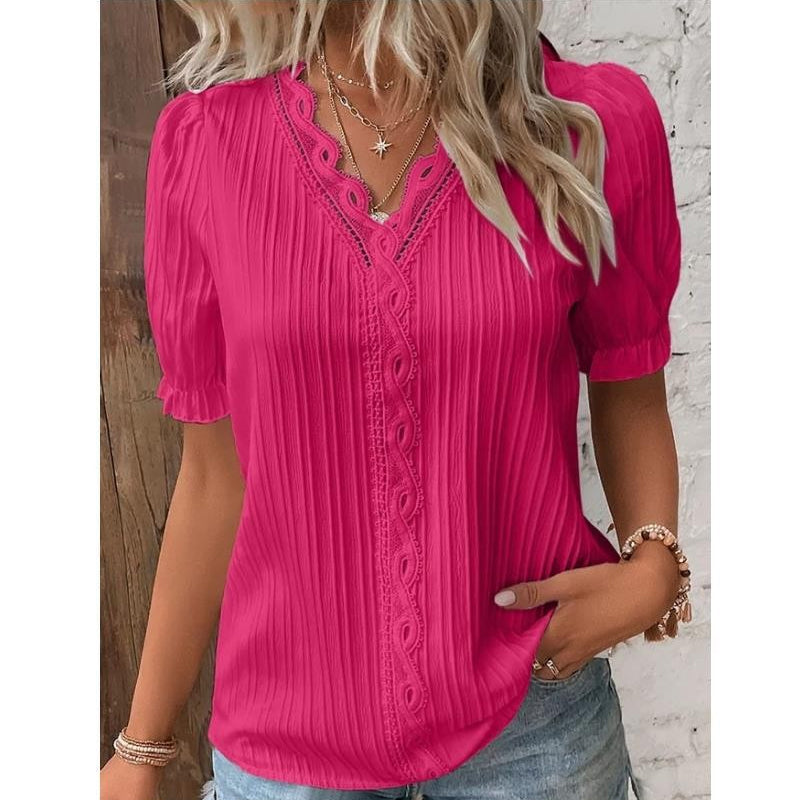 Summer Hollow Out Short Sleeve Shirt Women Fashion Holiday Blouse Top