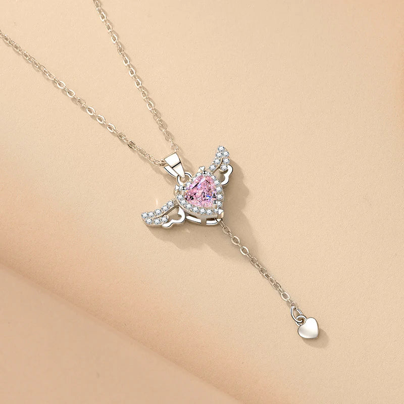 Cupid’s Heart & Angel Wings Necklace | Crystal Tassel Clavicle Chain for Women | Valentine’s Day Romantic Gift