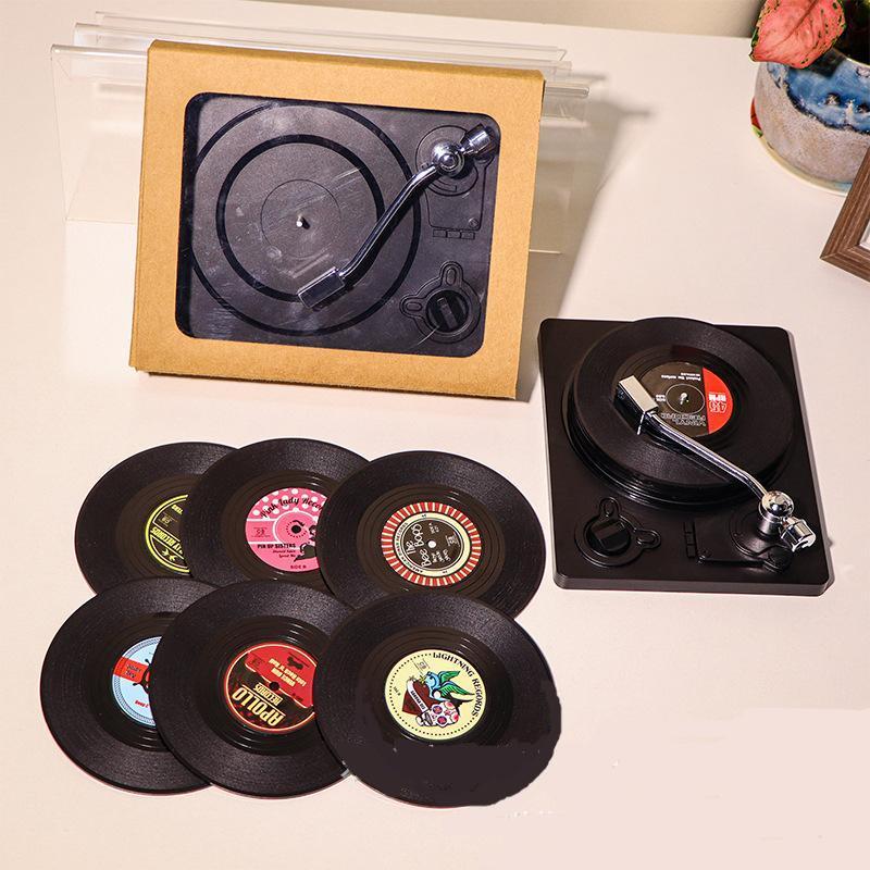 Vinyl Record Coasters with Retro Vinyl Player Holder