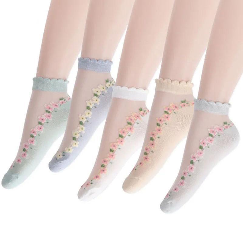 【5 Pairs】Women's Ultra-Thin Floral Mesh Socks with Cotton Sole