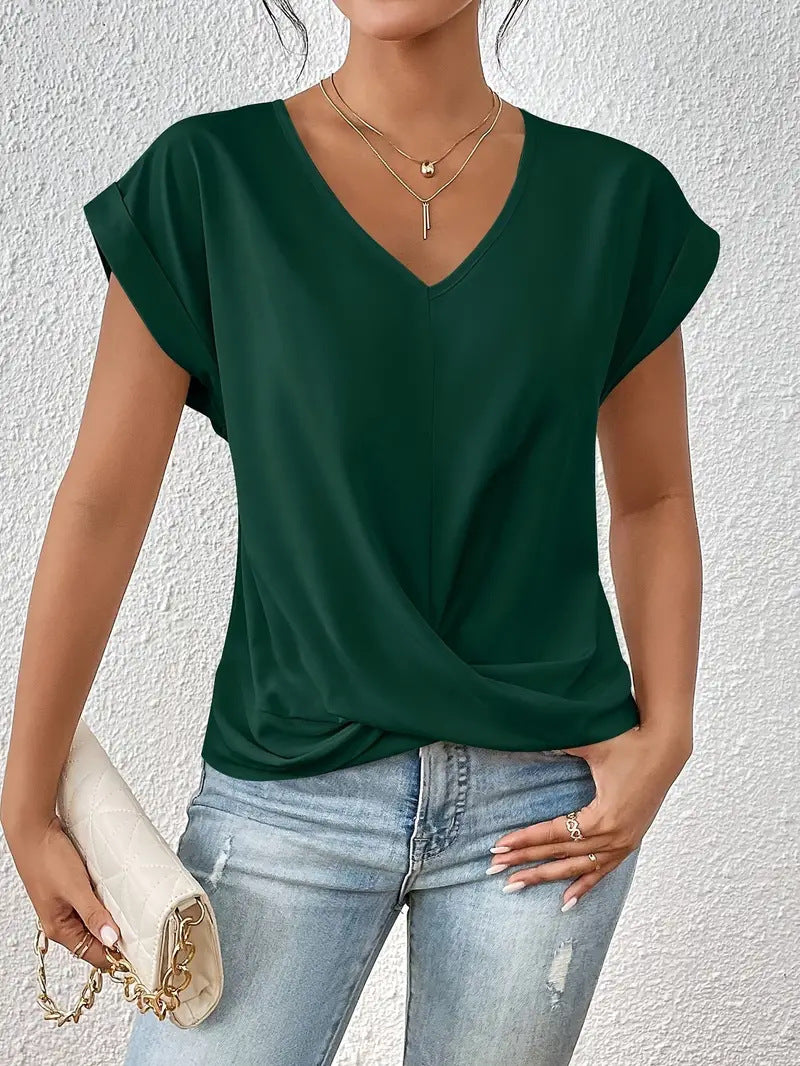 Casual Short-Sleeve T-Shirt with Elegant V-Neck Pleats