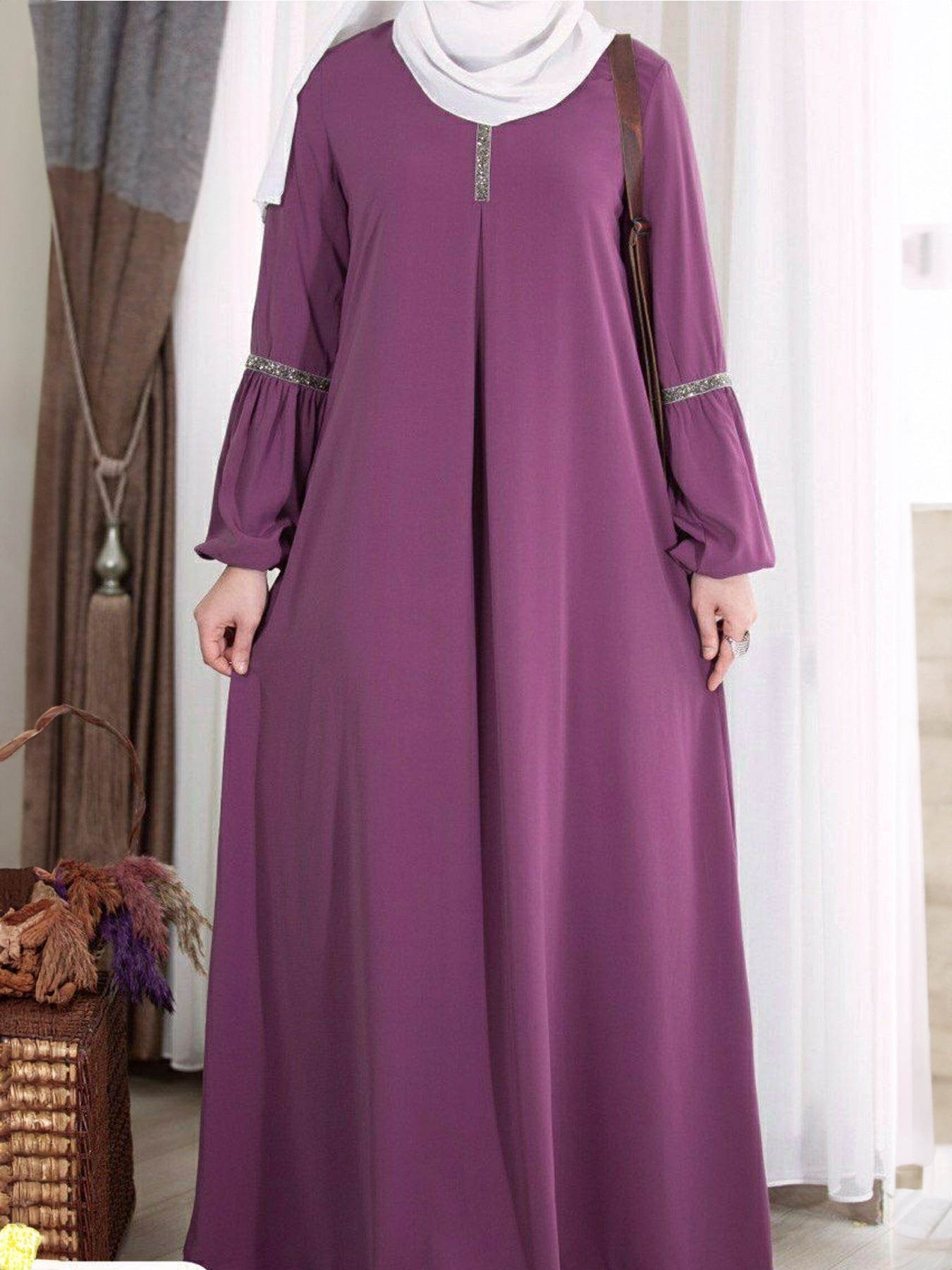 Fashion Long Sleeve Abaya Dress with Sequins Casual Sun Dress Outfit
